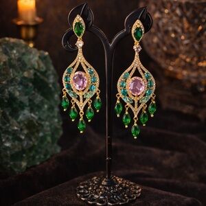 Emerald & Rose Crystal Chandelier Earrings | Refined Luxe Statement ✨